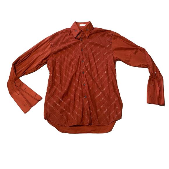 Angelino Men’s Y2K Western Orange Metallic Striped Long Sleeve Button Down Shirt - Picture 1 of 8